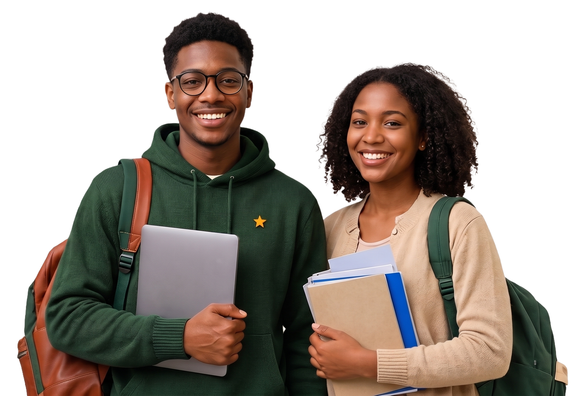 Deux étudiants souriants avec leurs sacs et fournitures